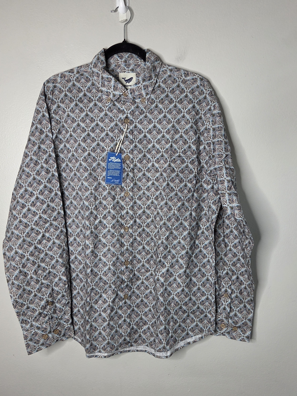 Yiume Blue/Brown Print Hawaiian Long Sleeve Button Down Shirt